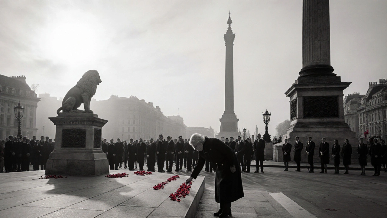 Quiet Remembrance Sunday moment with a woman placing a poppy at the war memorial.