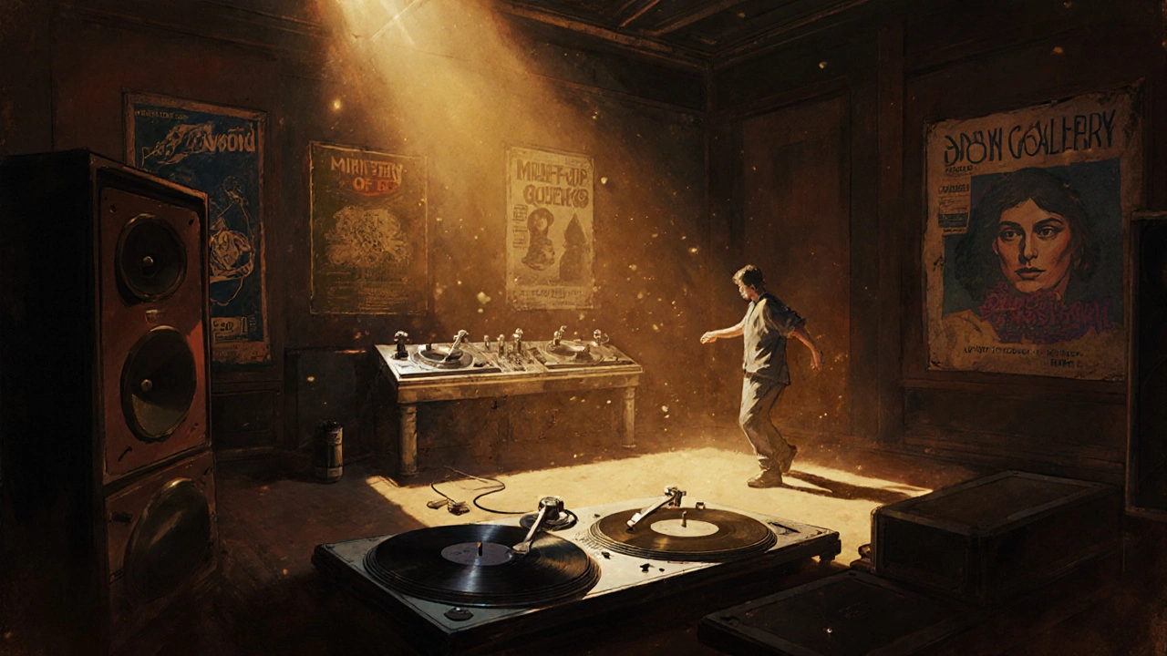 Retro sound equipment in the Sound Gallery with a lone dancer surrounded by vintage vinyl and warm lighting.