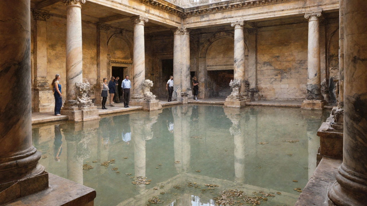 Roman Baths in Bath with clear water reflecting ancient architecture and coins beneath the surface.