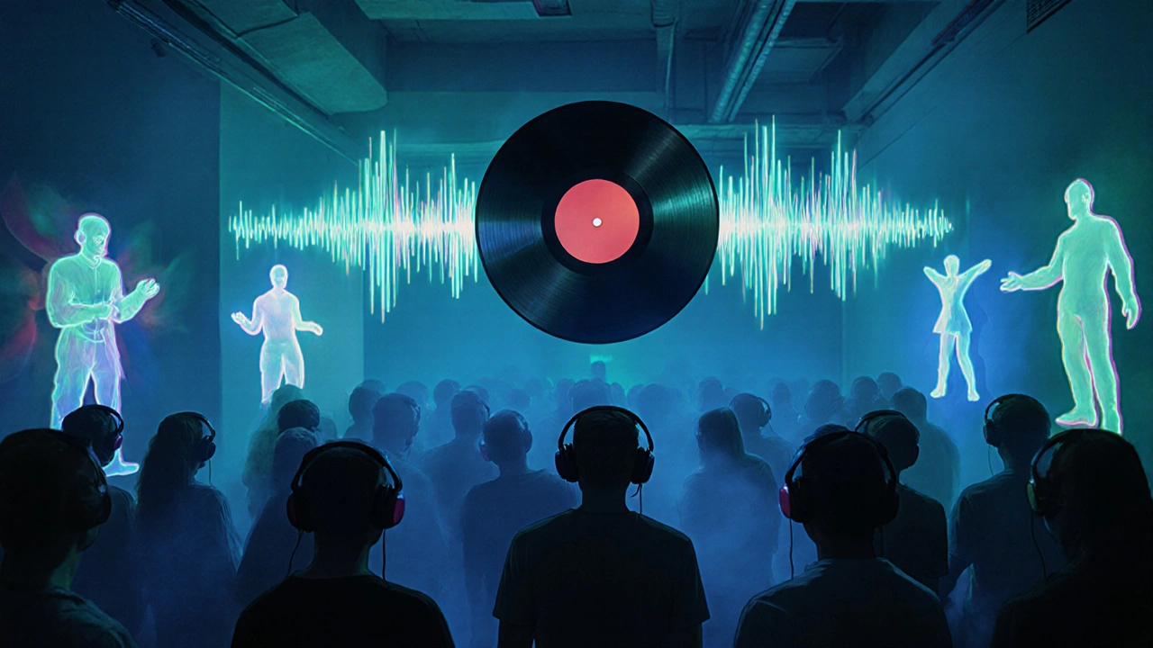 Silent disco in Heaven&#039;s Loft with floating vinyl and glowing soundwaves in surreal blue light.