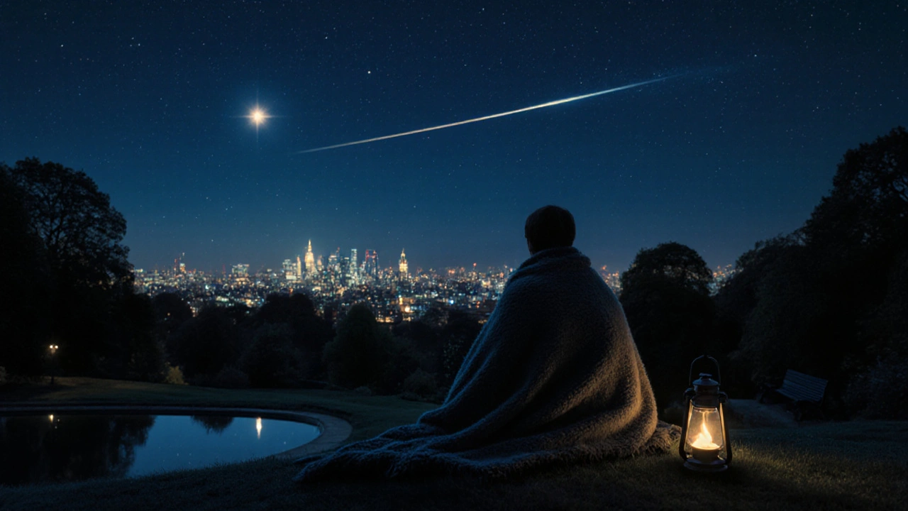 Silhouette of a person on Parliament Hill gazing at Sirius above London’s distant city lights.