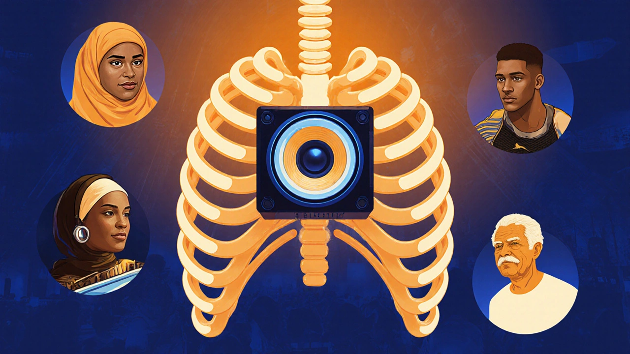 Stylized chest with soundwave ribs representing music genres, symbolizing Electric Brixton as a cultural heartbeat.