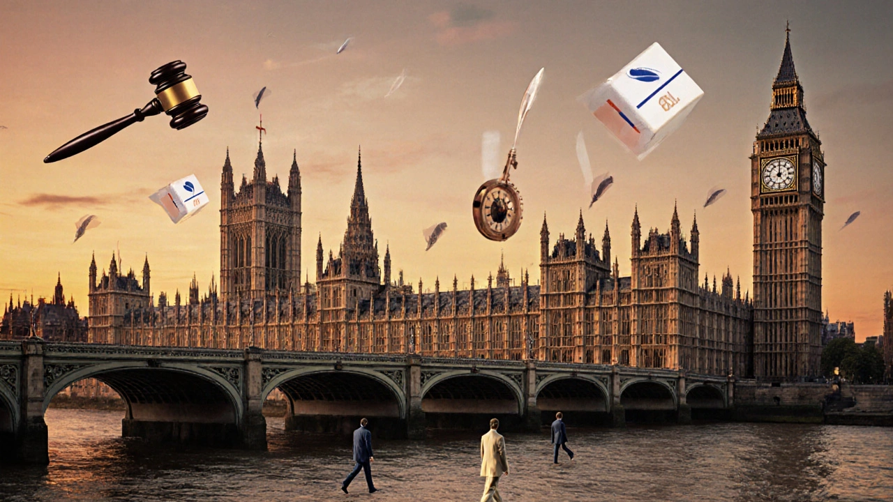 The Houses of Parliament as a living building with figures and democratic symbols merging into its stonework.