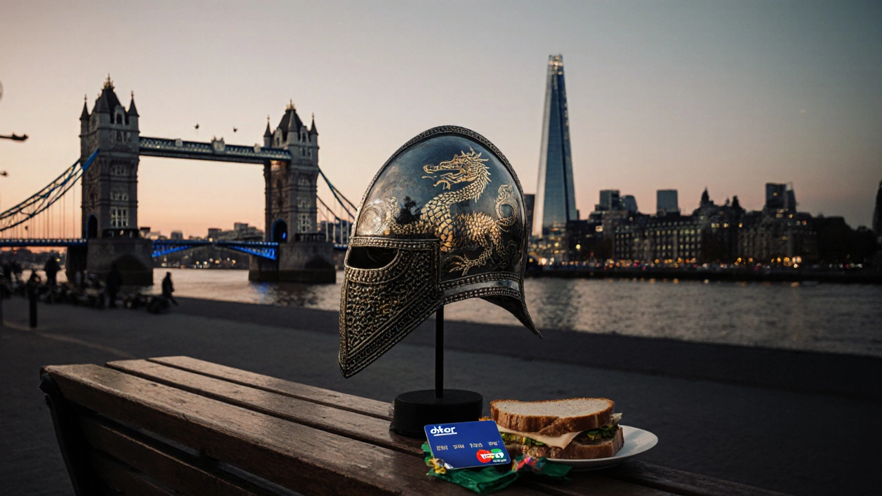 The Sutton Hoo helmet subtly blended with London&#039;s skyline, an Oyster card and sandwich resting on a bench outside the museum.