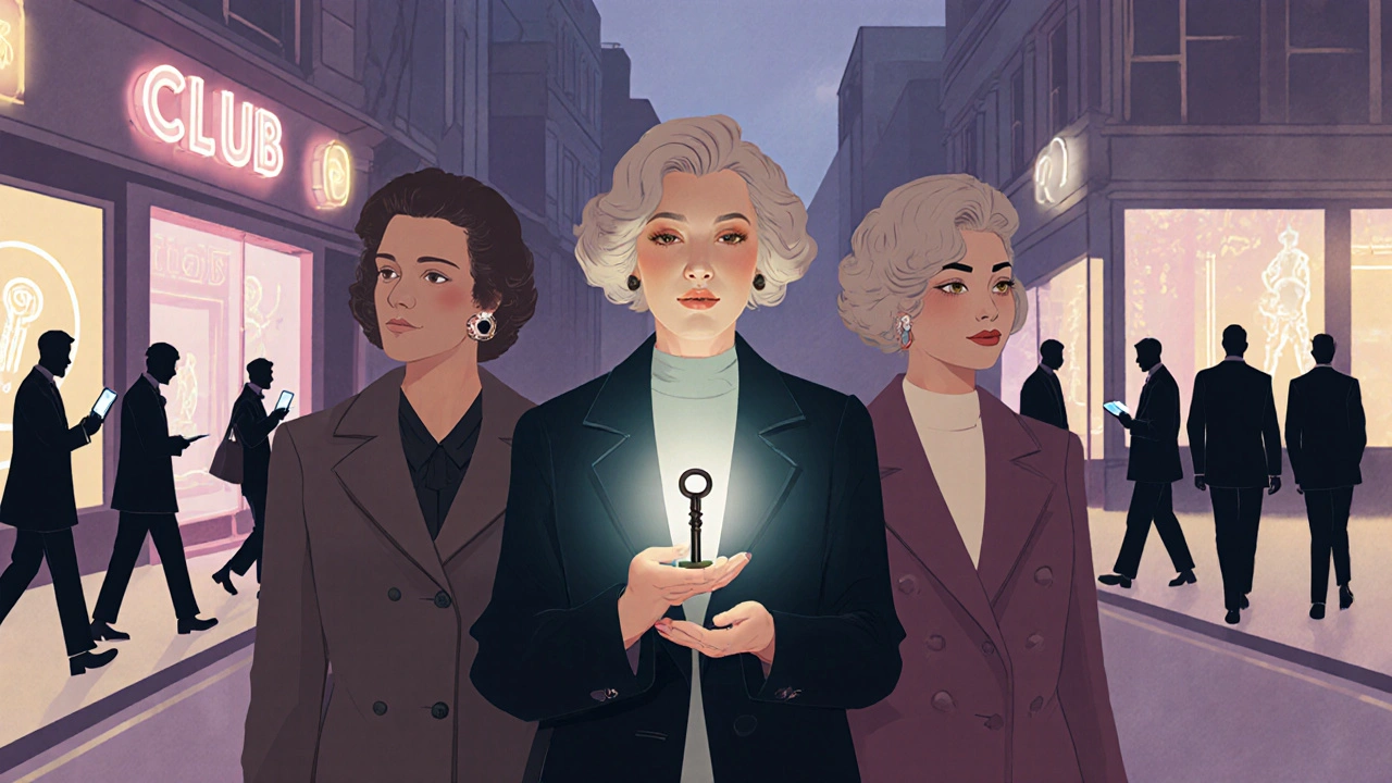 Three mature women stand in a London street at dusk, each holding a glowing key.