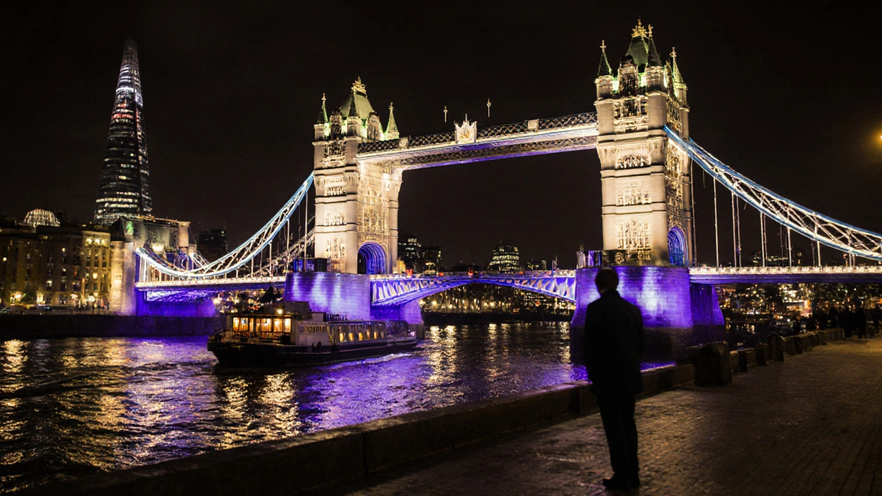 Tower Bridge lit in gold and purple at night, reflecting on the river, with a lone watcher on the bank.