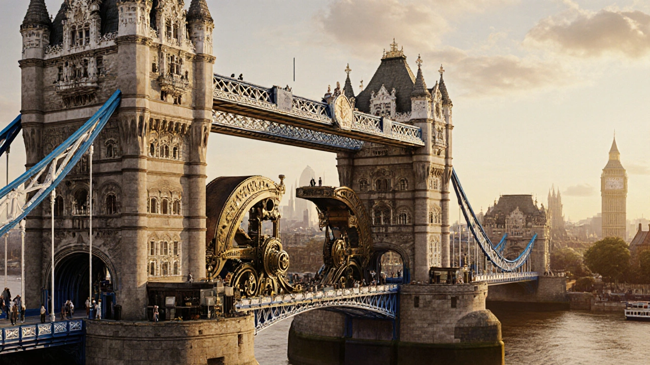 Victorian-era Tower Bridge interior with steam engines and pedestrians on high walkways, bathed in golden light.