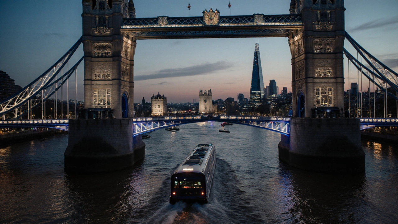 View from Tower Bridge&#039;s glass walkway looking down at a river bus, with London skyline at dusk.