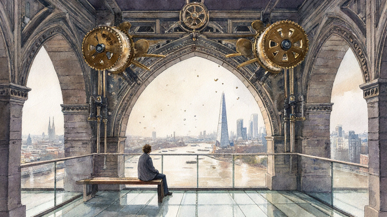 View through Tower Bridge&#039;s glass floor showing historic brass gears and iron machinery below.