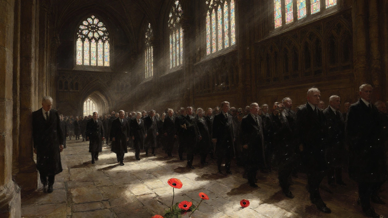 Westminster Hall during a state funeral with mourners walking beneath stained-glass windows.