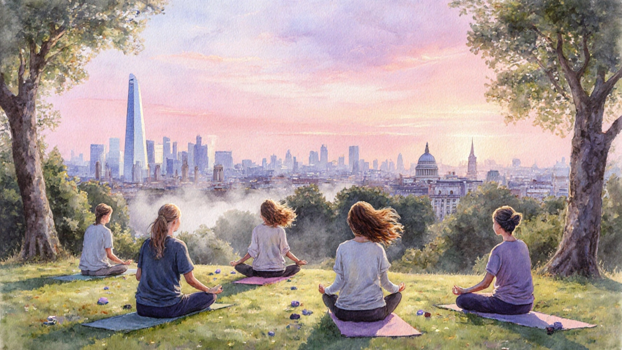Yogis on Hampstead Heath&#039;s Parliament Hill at sunrise with London skyline visible in the distance.