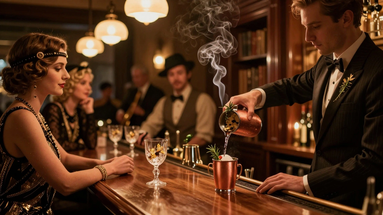 1920s speakeasy interior with smoking cocktail, gold-leaf glassware, and jazz band softly lit in background.
