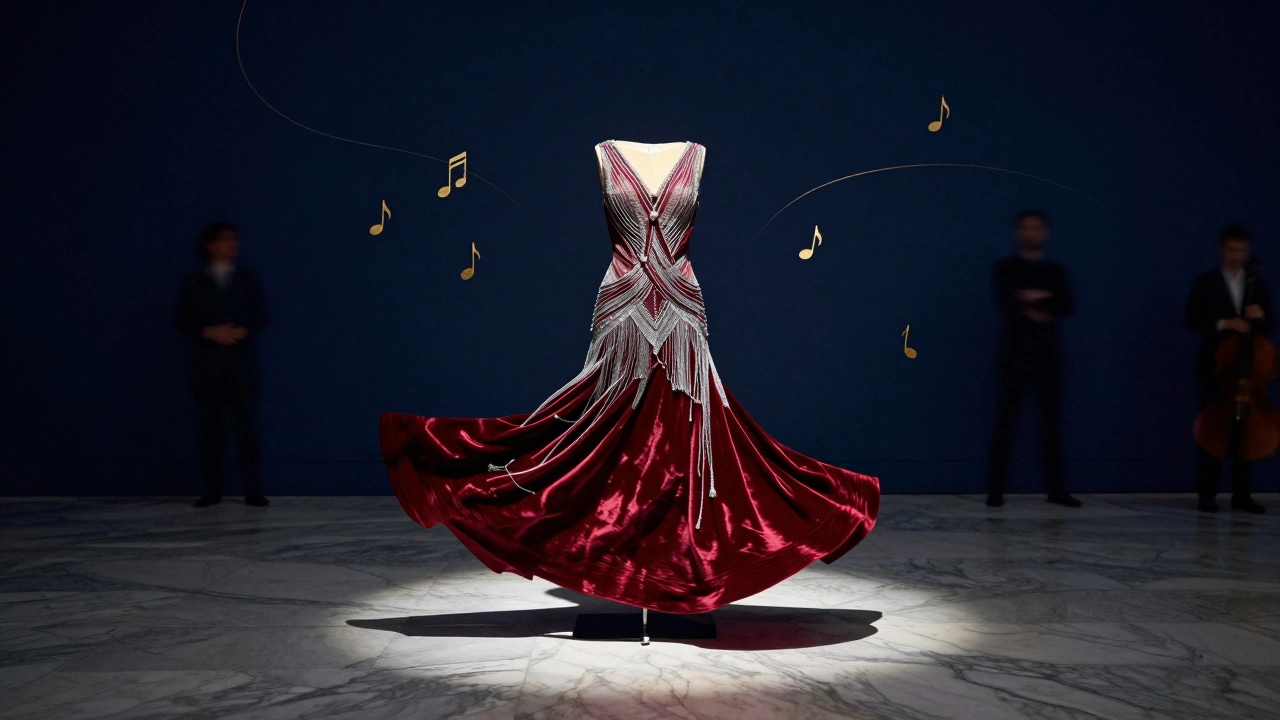 A 1920s flapper dress moves gracefully under a spotlight in the V&amp;A Museum, surrounded by shadowy onlookers and golden atmospheric particles.