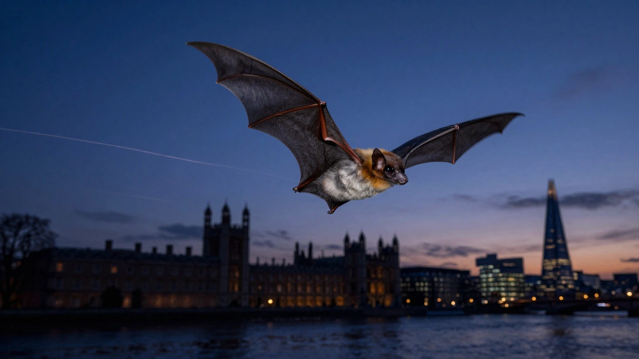 A bat flying over the Thames at twilight with faint city landmarks behind it.