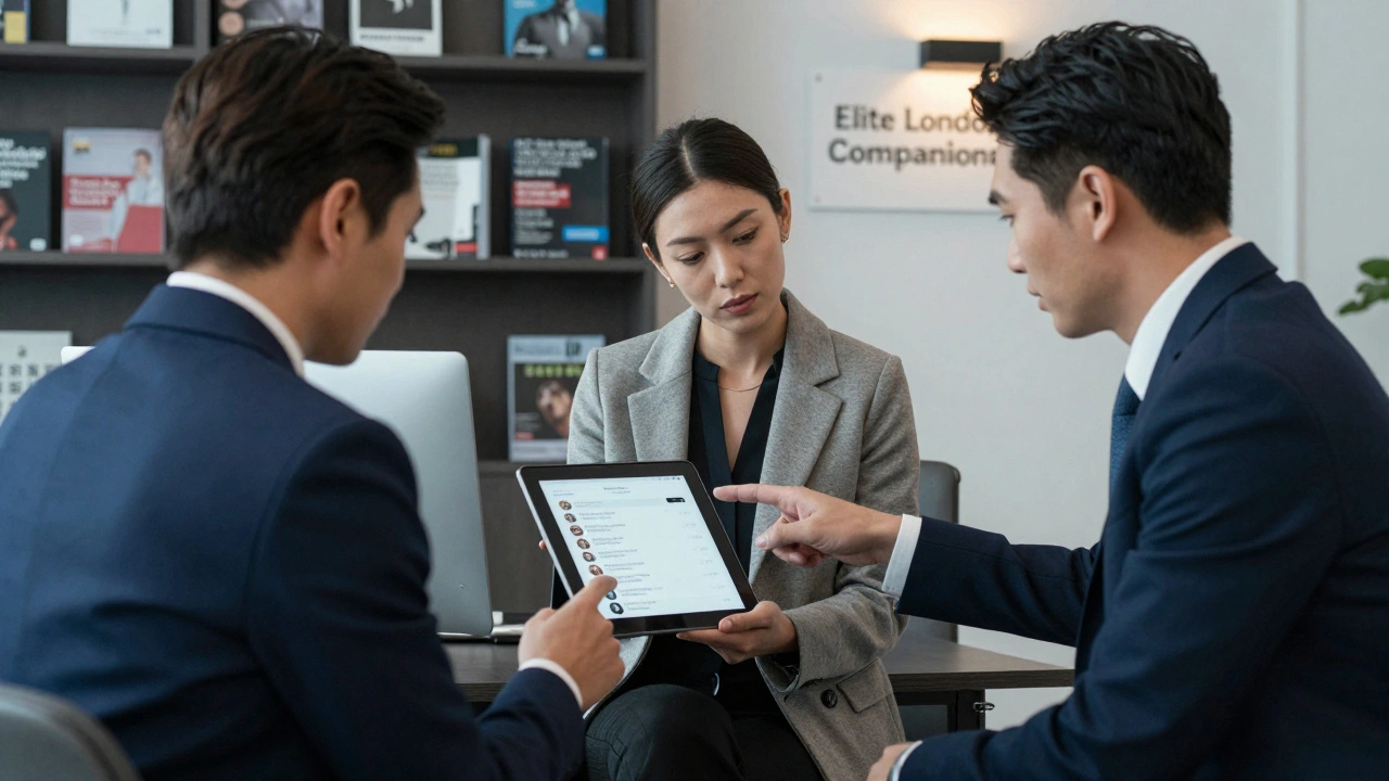 A client and agency representative reviewing verified escort profiles in a professional London office.