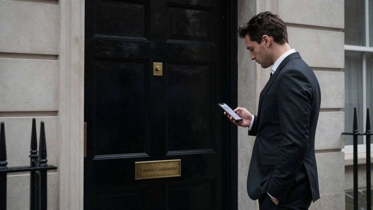 A discreet high-end escort agency door in Mayfair with a brass plaque, a man hesitating outside in the rain.