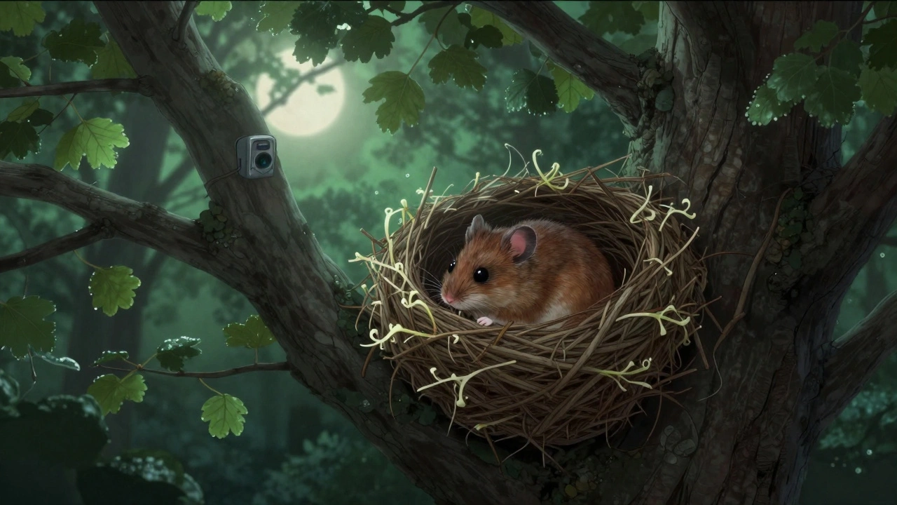 A dormouse nestled in a honeysuckle vine under moonlight in an ancient forest.