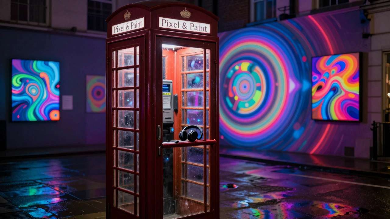 A glowing digital art booth in a London phone booth, projecting abstract NFT visuals onto the street.