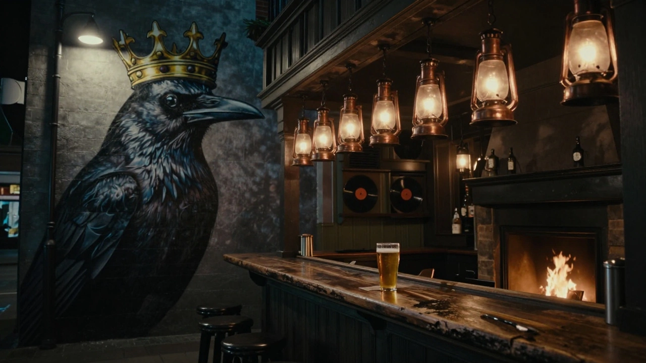 A gothic pub with a striking crow mural outside and copper lanterns glowing inside beside a fireplace.