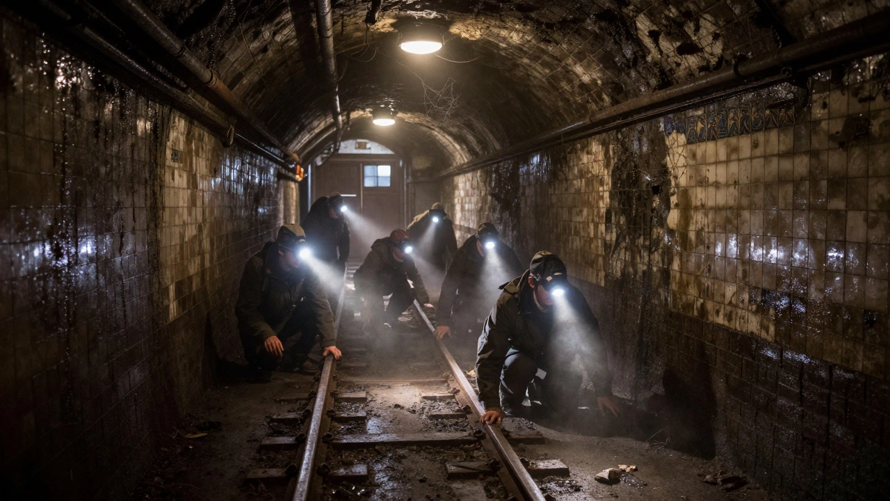 A group of explorers with headlamps crawling through a dark, damp, abandoned underground tunnel.