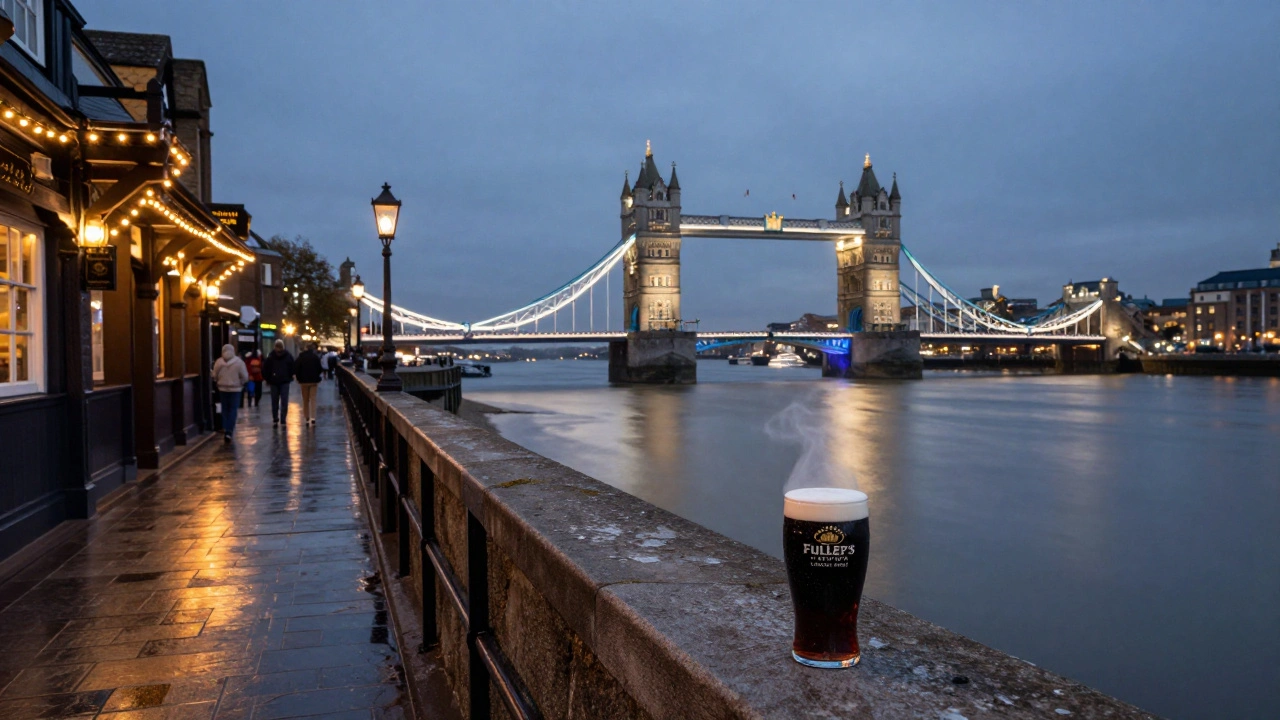 A historic riverside pub at dusk with Tower Bridge glowing in the background, string lights reflecting on the Thames.