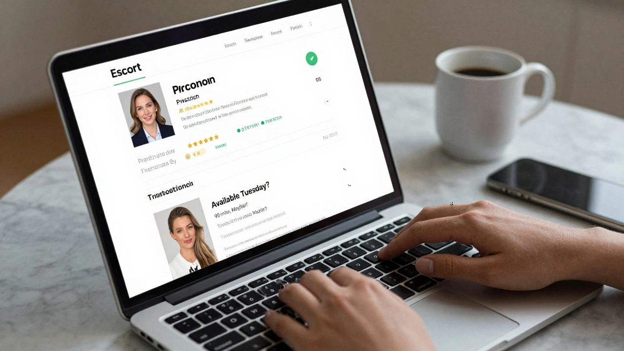 A laptop shows a professional escort profile with real photos and reviews, a hand types a polite message on the keyboard.