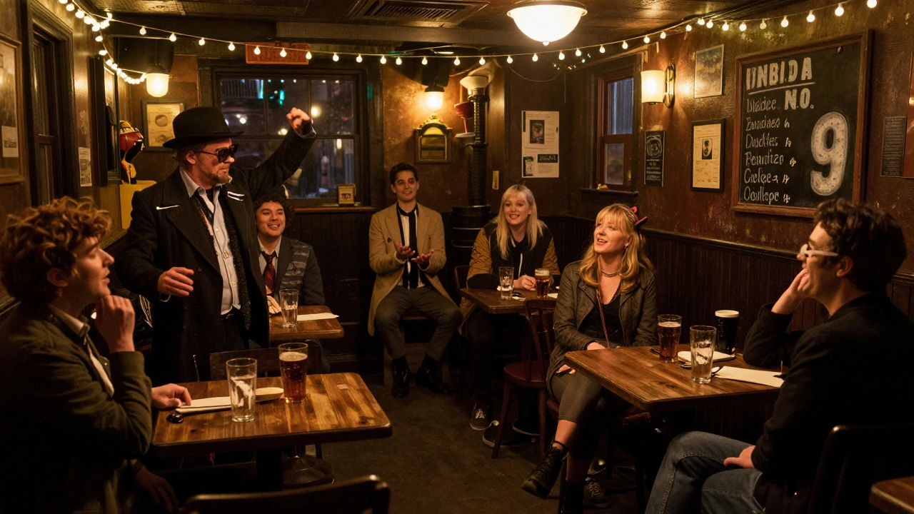 A live comedy taping in a Soho pub backroom, audience members reacting to a darkly funny scene.
