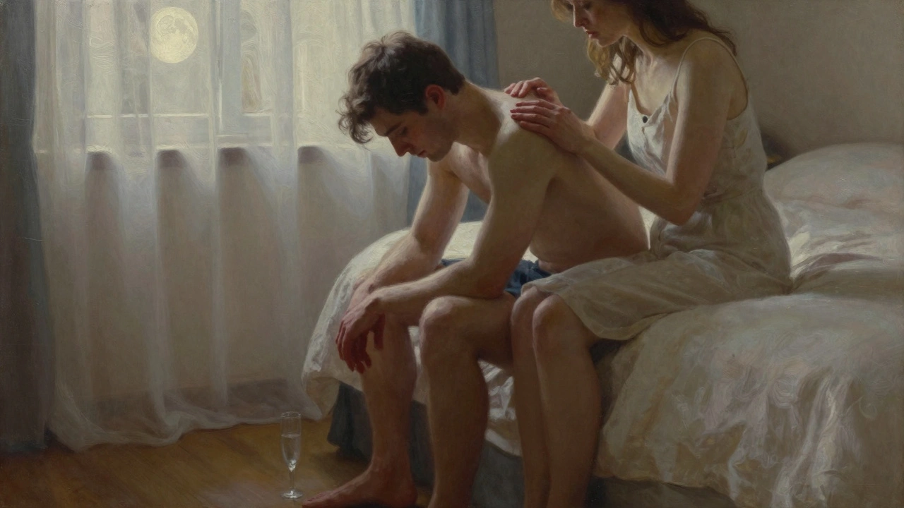 A man and woman share a quiet, emotional moment on a bed, moonlight illuminating a gentle touch, no nudity.