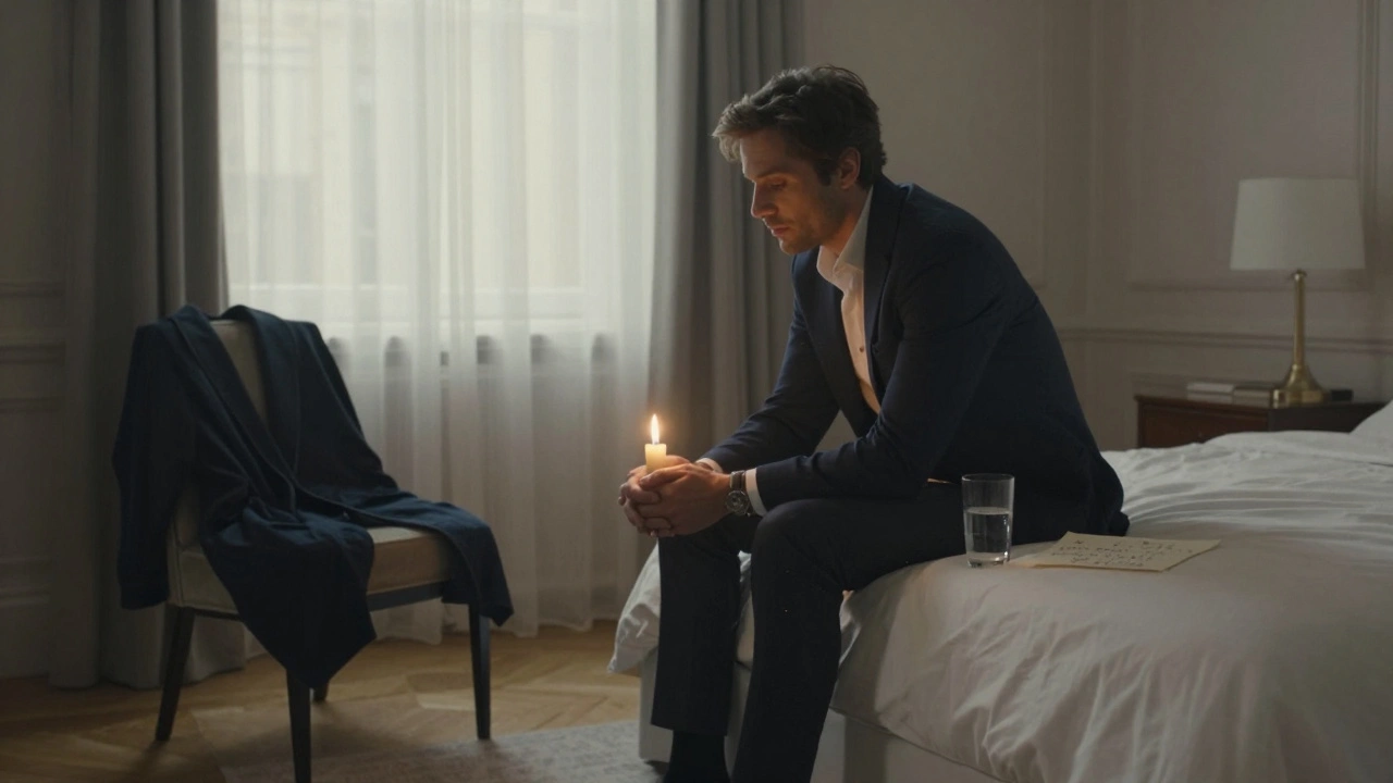 A man sits alone on a bed after an intimate visit, a single candle burning, morning light filtering through curtains.