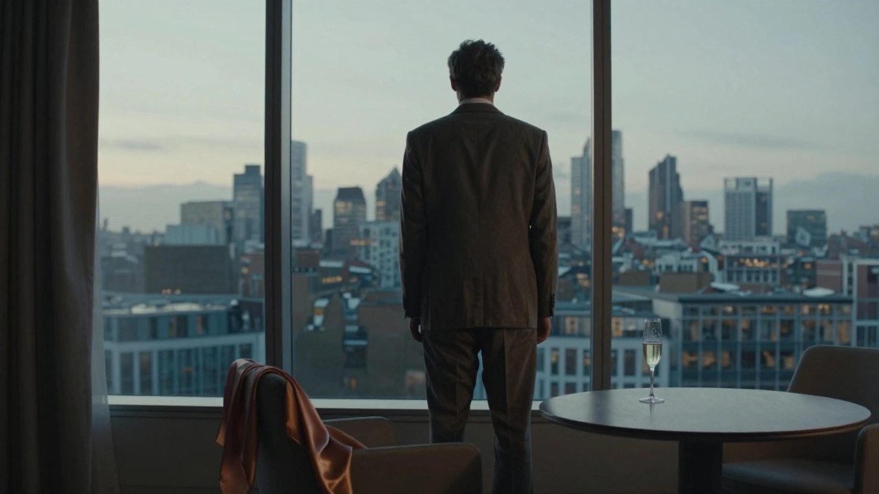 A man stands at a window at dawn, a silk scarf on a chair, reflecting quiet emotional release.