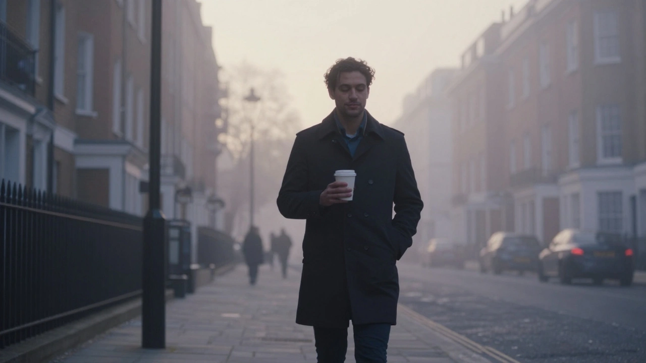 A man walks alone through a misty London street at dawn, holding tea, looking peacefully reflective.
