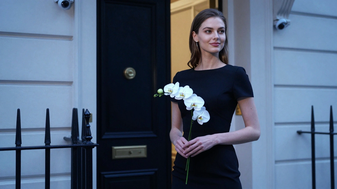 A poised woman holding orchids outside a secure apartment door in central London.
