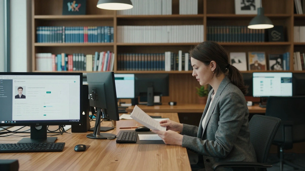 A professional escort agency office in London with elegant decor and discreet client profiles.