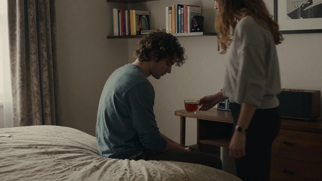 A quiet moment of emotional connection with tea and silence in a luxury bedroom.