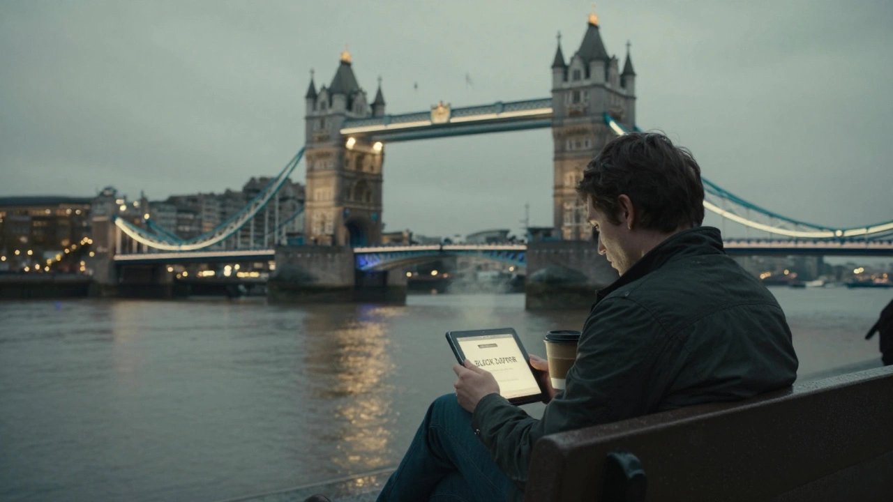 A solitary figure on a rainy South Bank bench watching Blackadder, Tower Bridge in the distance.