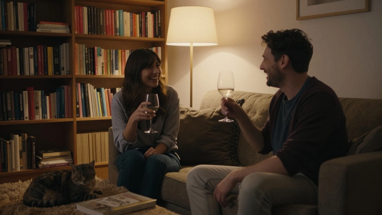 A woman and man laugh together in a cozy London flat, cat resting nearby, warm lighting and books visible.