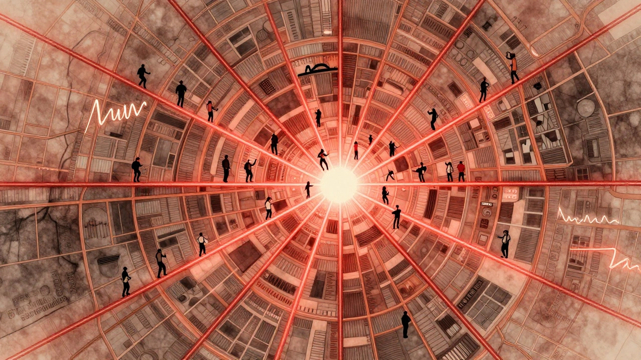 Abstract map of London with soundwaves radiating from Fabric, diverse figures dancing along the beats.