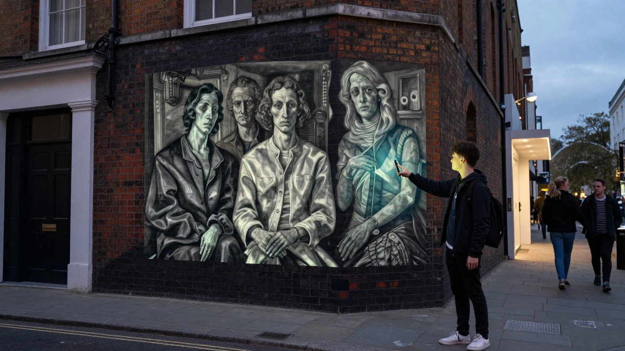 AR art overlay of Francis Bacon's triptych on a London brick wall, viewed through a smartphone screen at dusk.