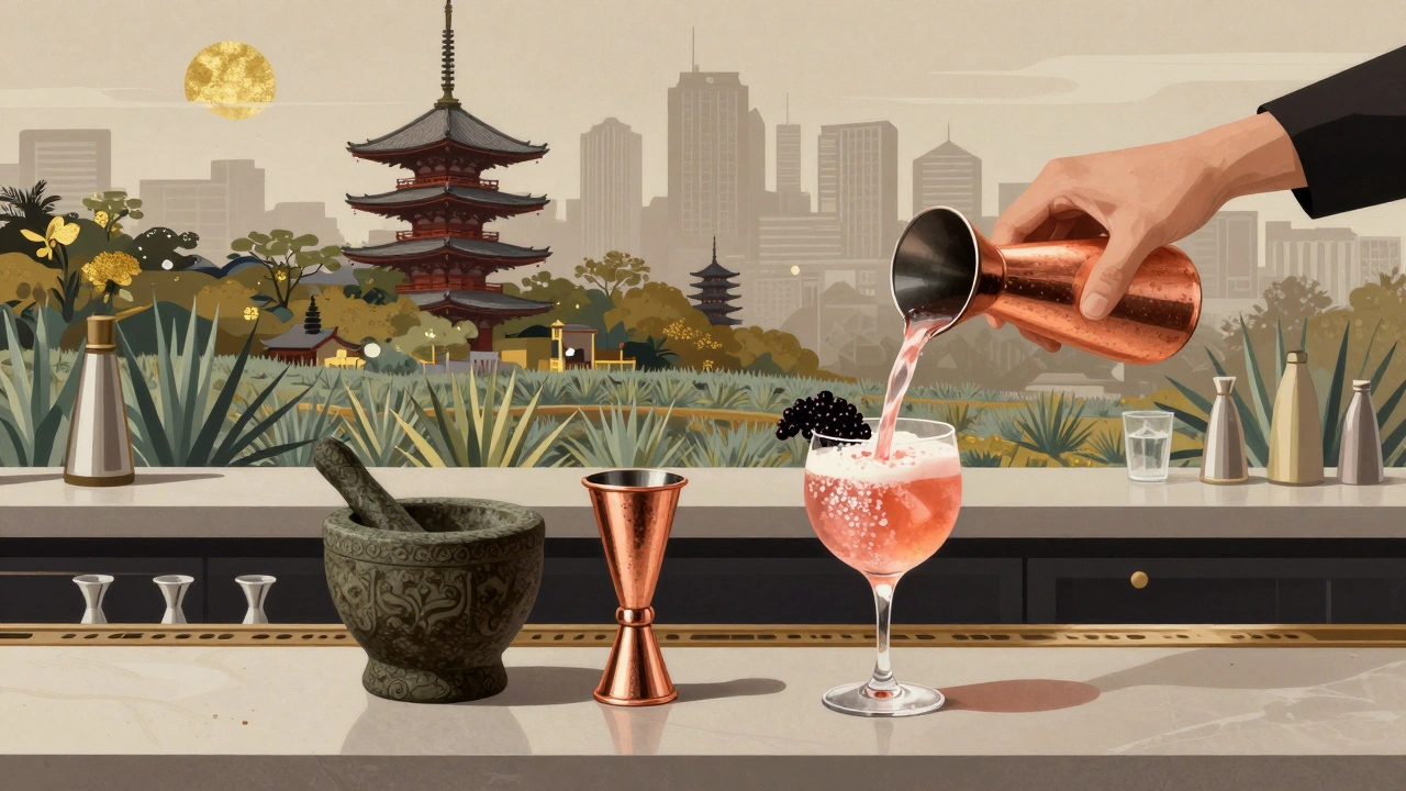 Bar counter blending Japanese, Mexican, and British ingredients in a fusion cocktail scene.