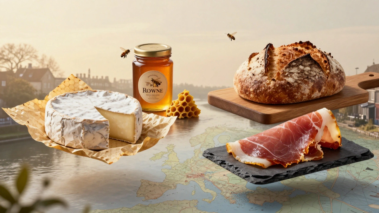 Borough Market food treasures: Stilton cheese, honey jar, sourdough, and ham arranged like a British culinary mosaic.