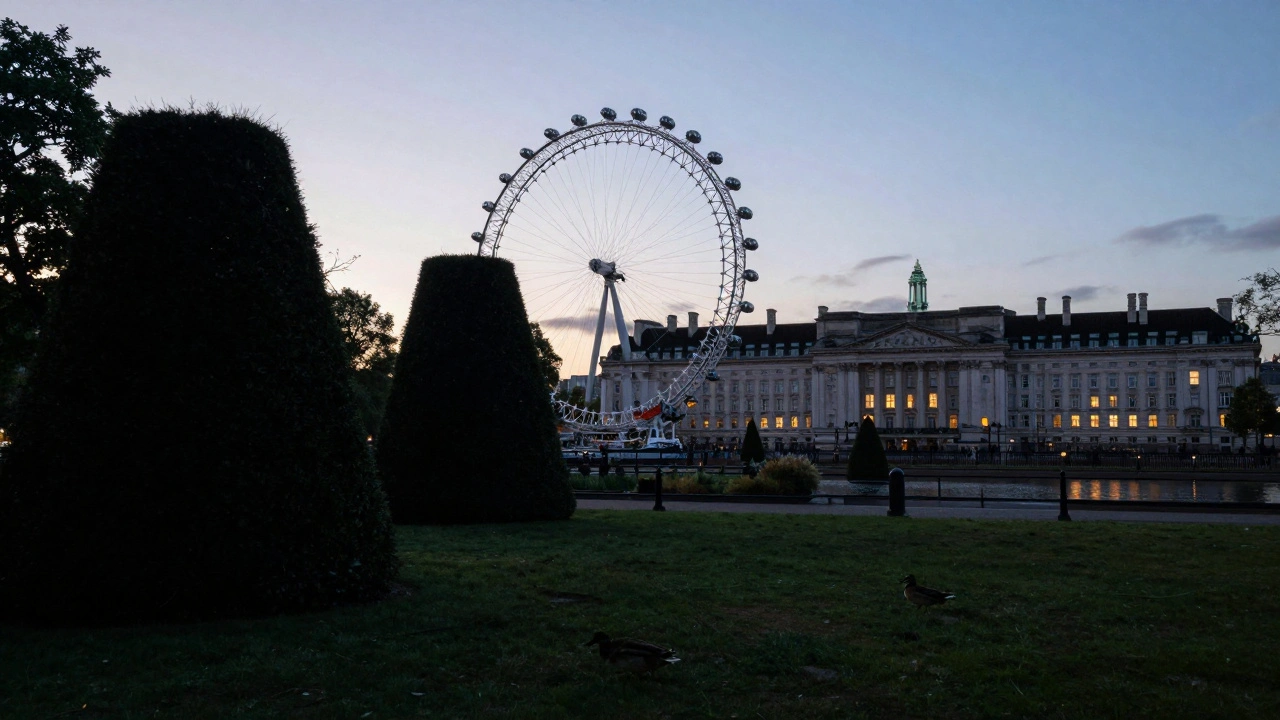 Buckingham Palace garden at twilight, lit windows visible behind trees, seen from the London Eye.