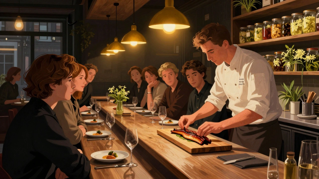 Chefs serving smoked eel at The Clove Club’s intimate counter in Shoreditch.