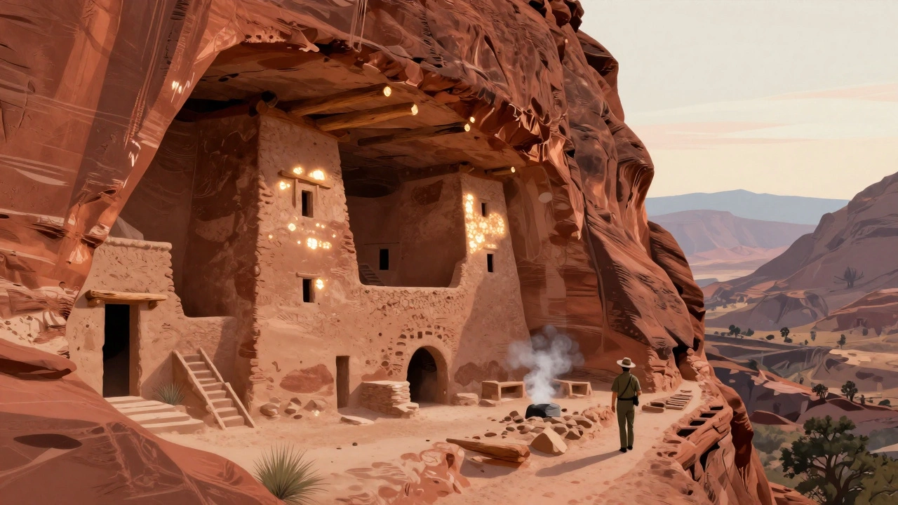 Cliffside dwellings carved into red rock, with kivas and wooden beams under a soft morning sky.