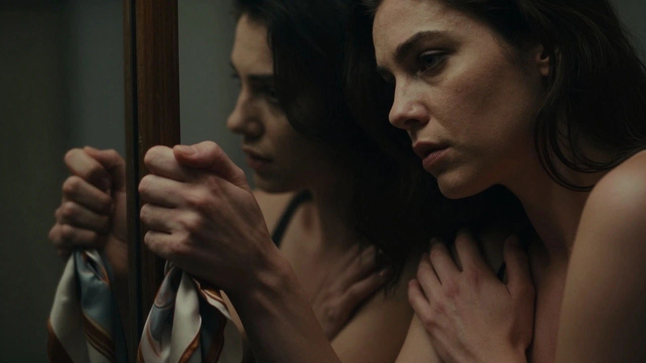 Close-up of hands on silk scarves and chest, intense eye contact, cinematic lighting, no faces visible.