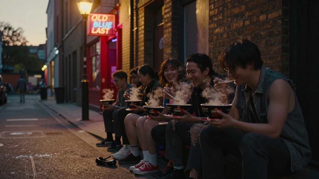 Clubgoers eating ramen at 4 a.m. in a quiet Shoreditch alley under a glowing streetlamp.