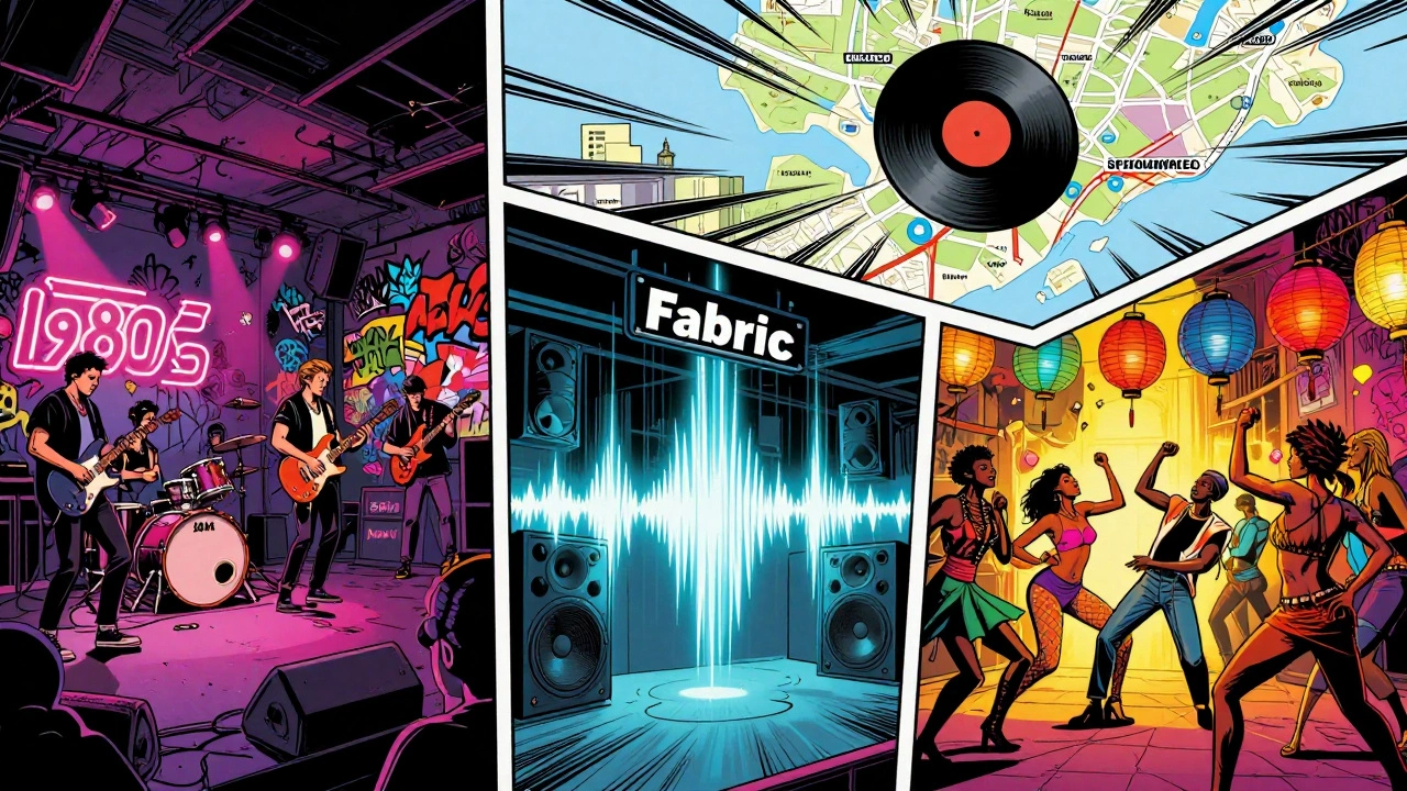 Comic book-style collage of London's iconic nightlife venues with vibrant cultural scenes.