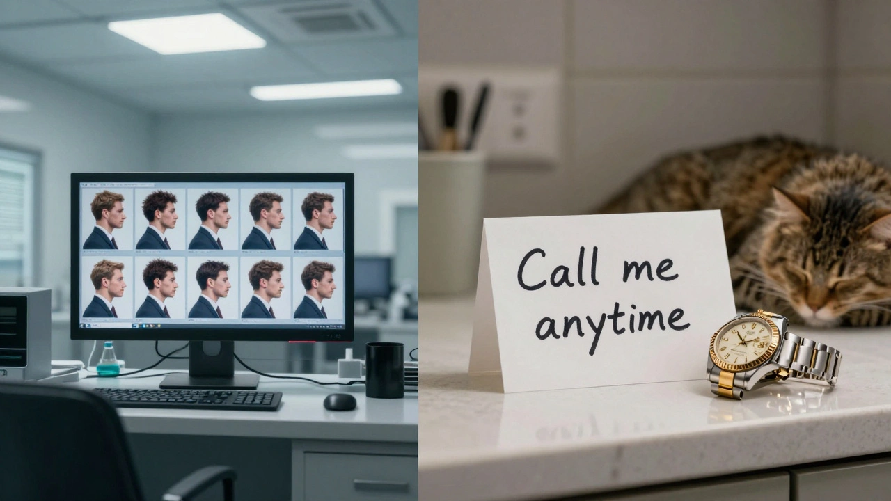 Contrasting scenes: sterile agency office vs. personal home with handwritten note and vintage watch.