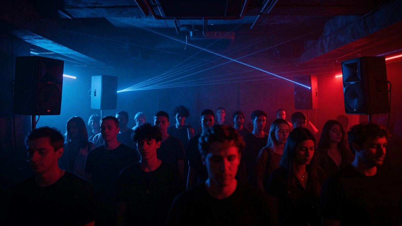 Crowd in Fabric&#039;s Room 1 immersed in deep bass, speakers towering, lights casting moody shadows.