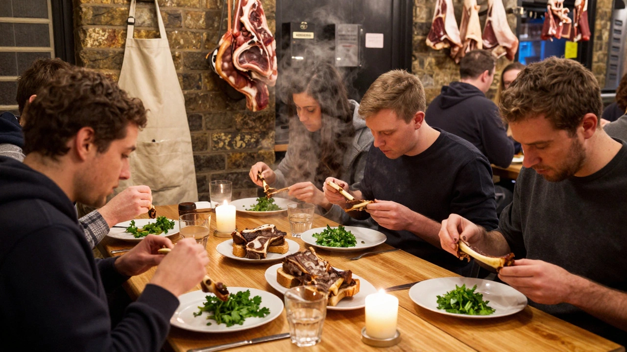 Diners sharing roasted bone marrow at St. John in Smithfield, London.