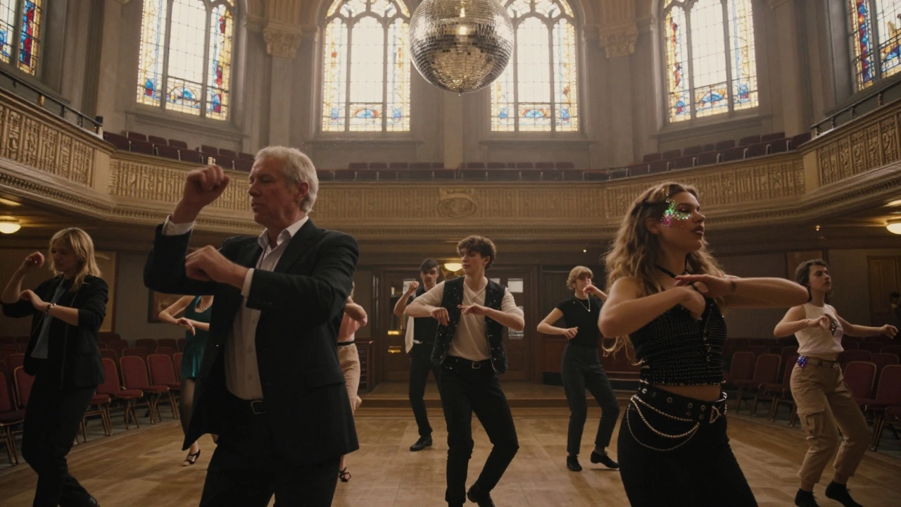 Diverse group dancing together at The Nest as dawn light filters through cinema windows.